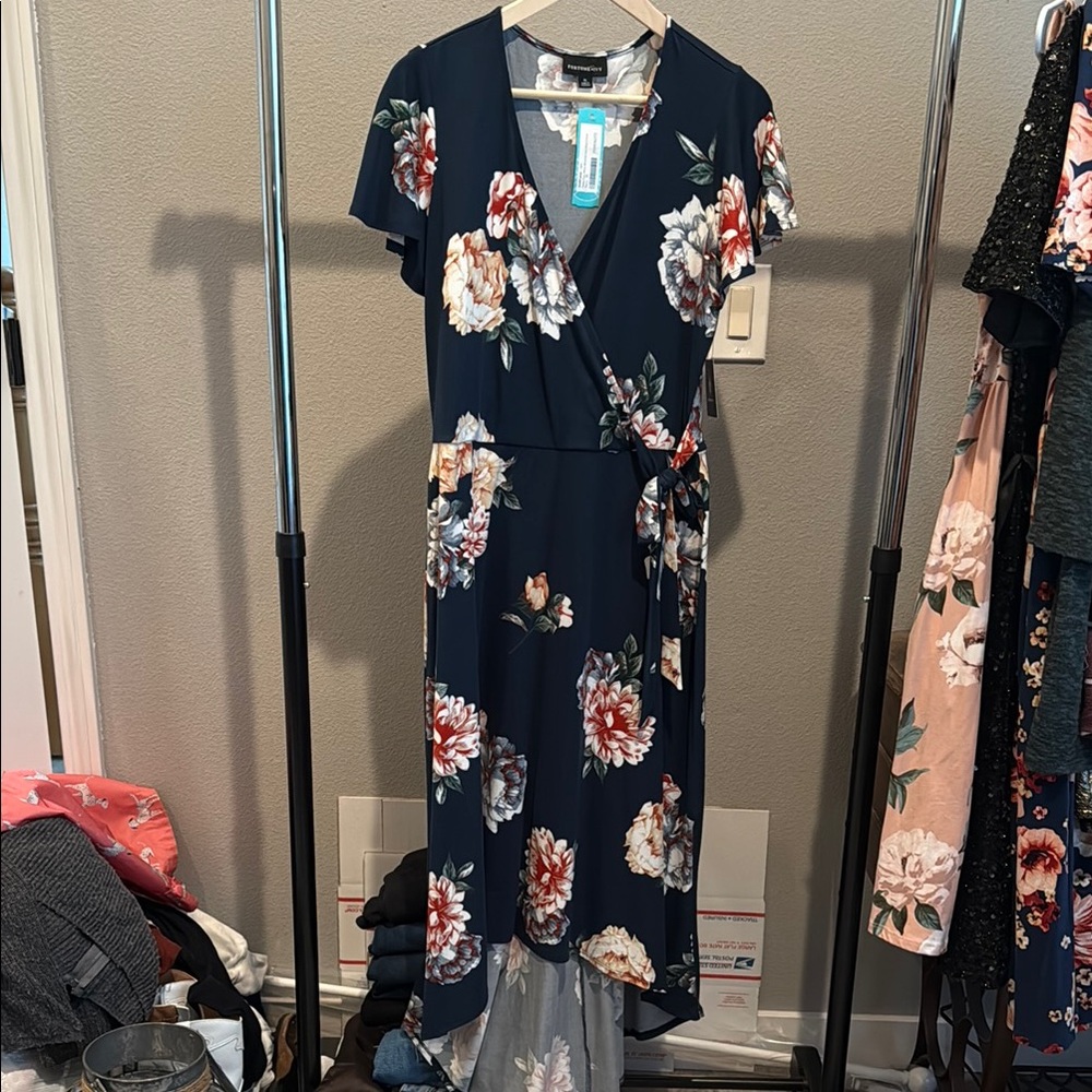 NWT Navy High Low faux wrap dress